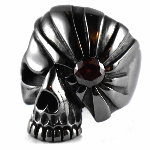 Skull with black rhodium & dark red cubic zirconia silver ring