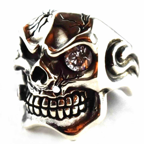 Skull with cigar and white cubic zirconia silver ring