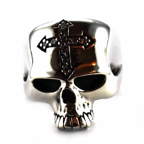Skull with cross and white cubic zirconia silver ring