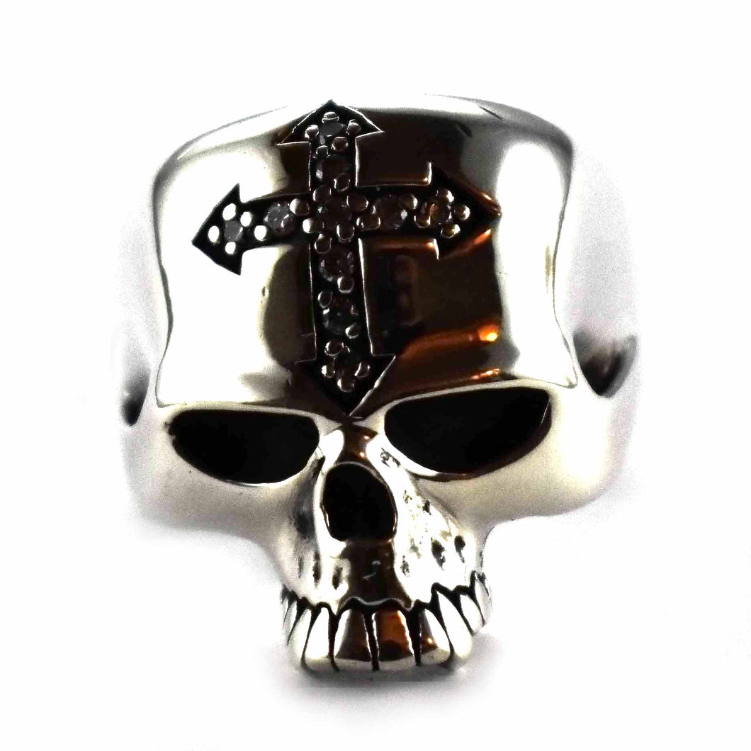 Skull with cross and white cubic zirconia silver ring