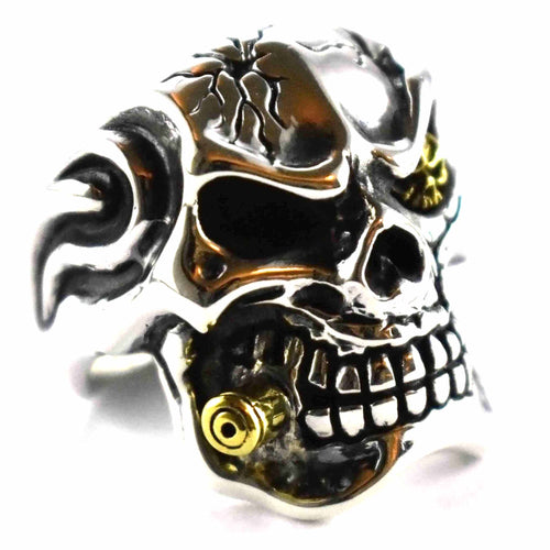 Skull with golden cigar silver ring