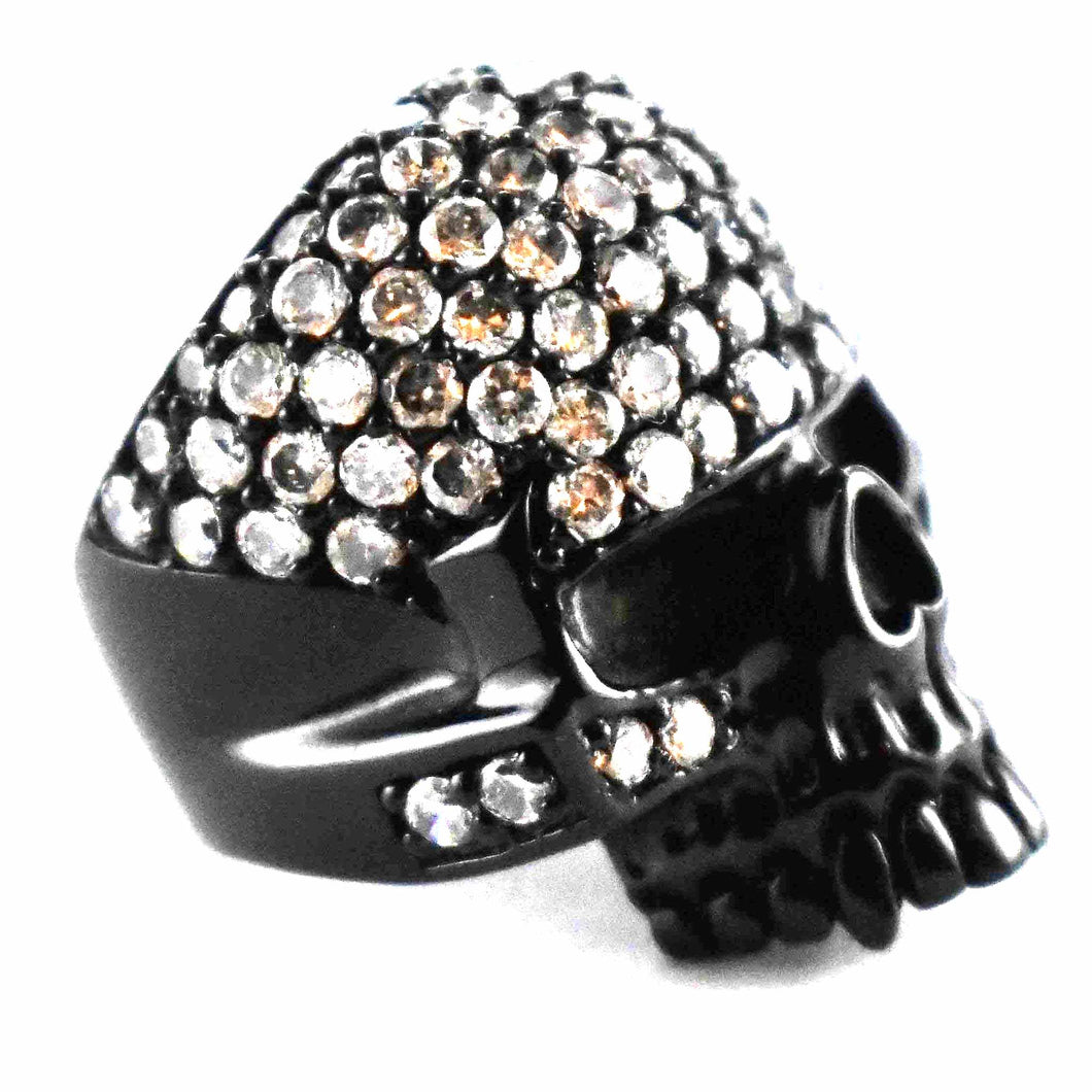 Skull with matte black & full of white cubic zirconia silver ring