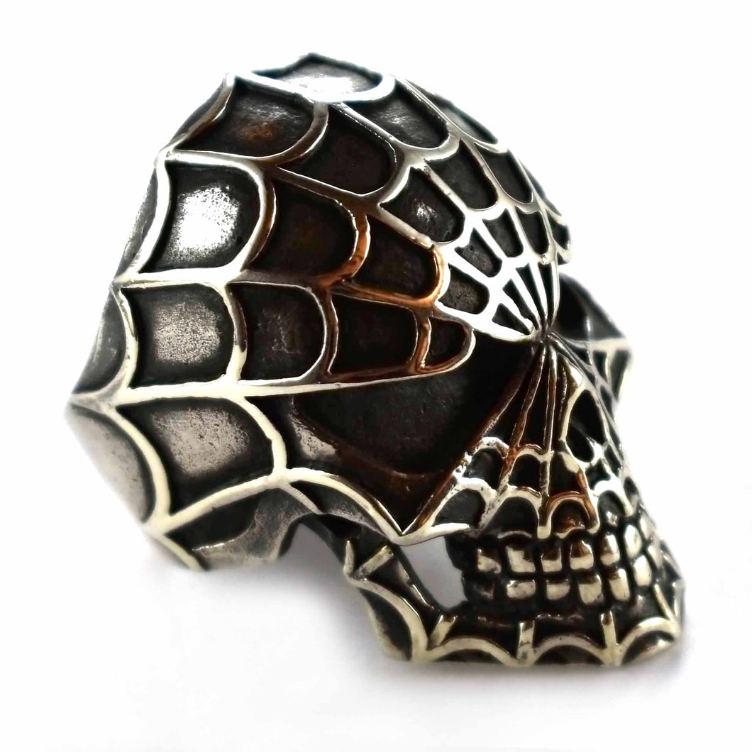 Skull with spider web silver ring