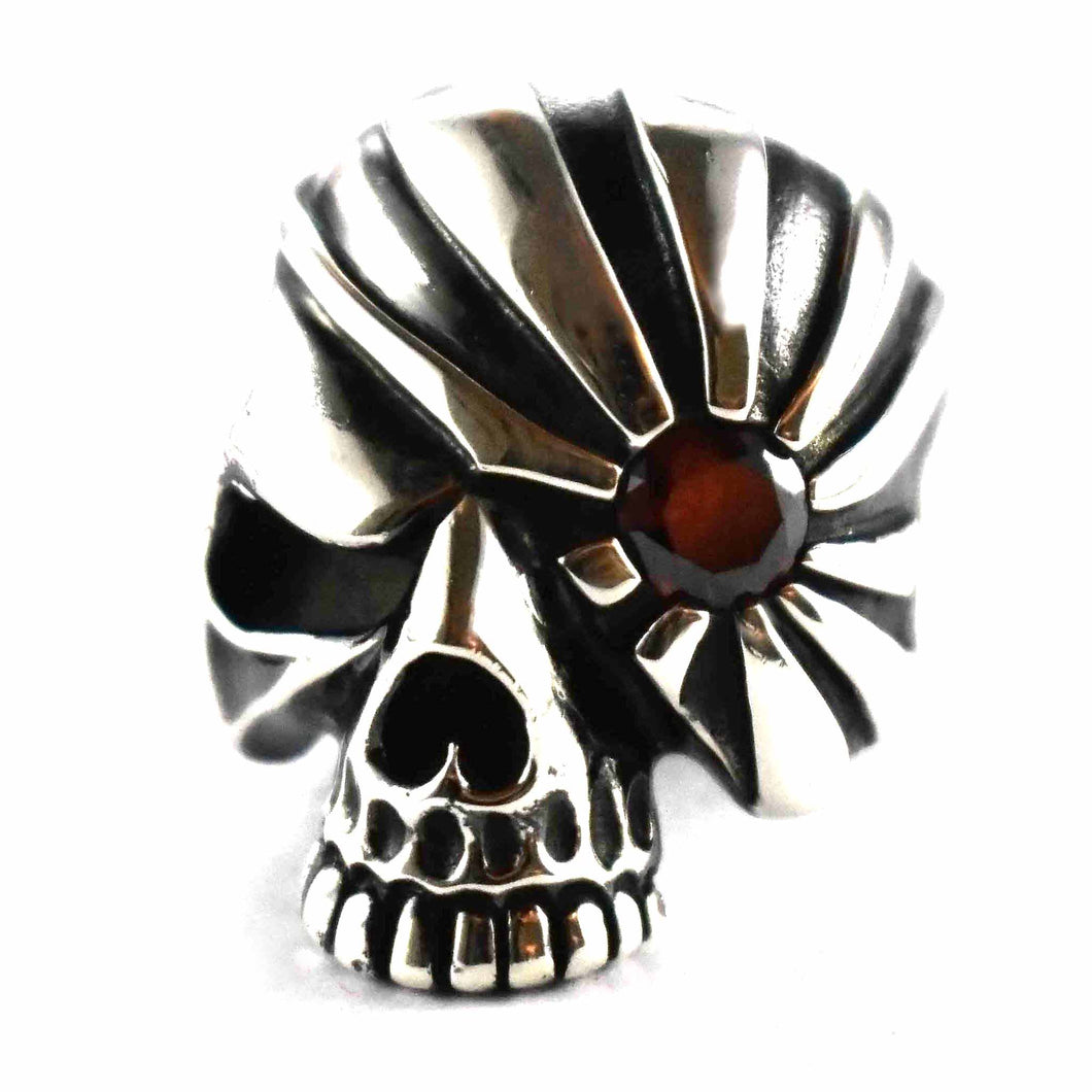 Skull with sun pattern & dark red cubic zirconia silver ring