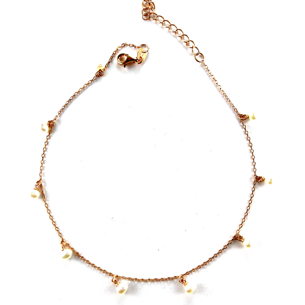 Small pearl silver anklet with pink gold plating