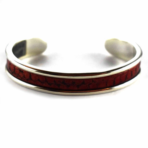 Snake skin pattern with red leather silver bangle
