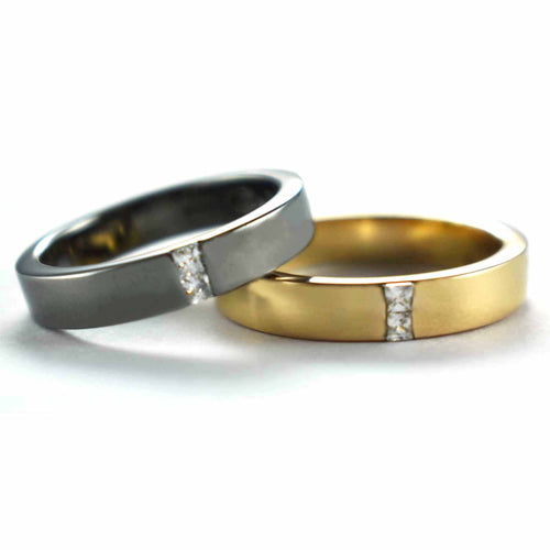 Square CZ silver couple ring with pink gold & black rhodium plating
