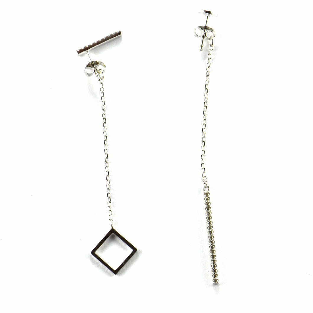 Square & chain silver earring