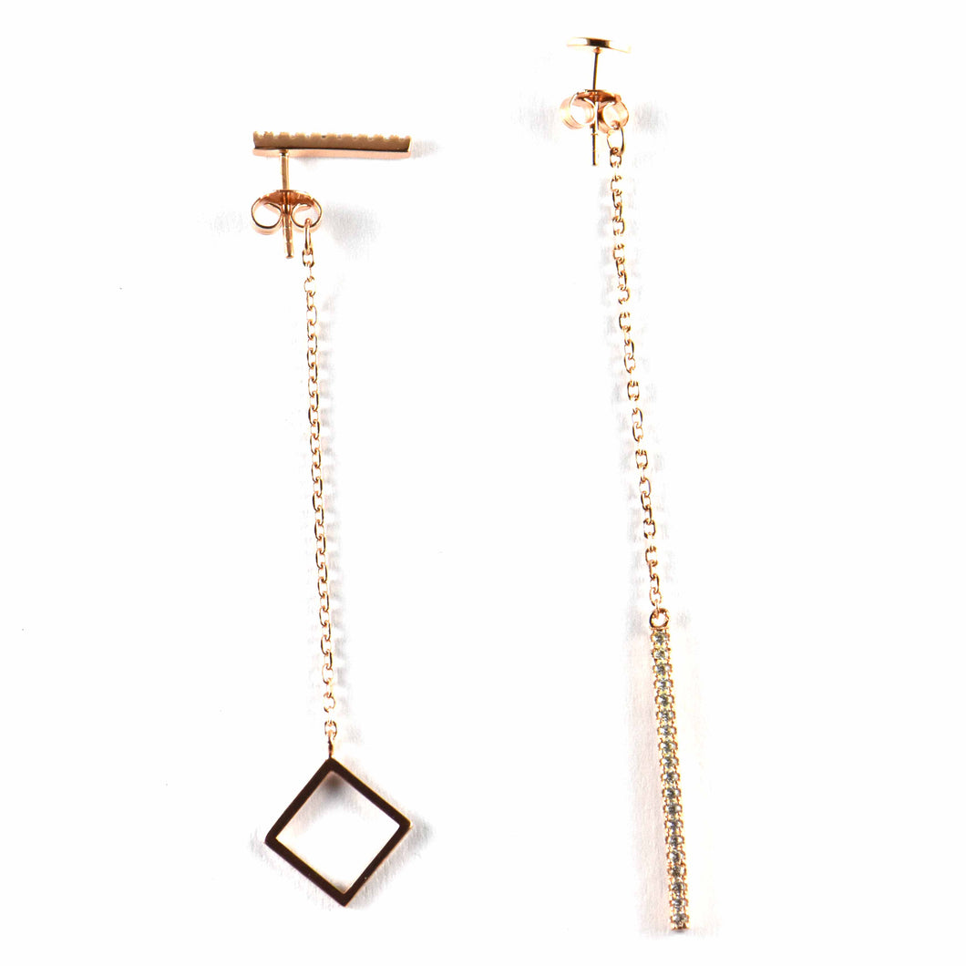 Square & chain silver earring with pink gold plating