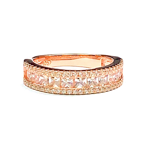 Square & circle CZ silver ring with pink gold plating