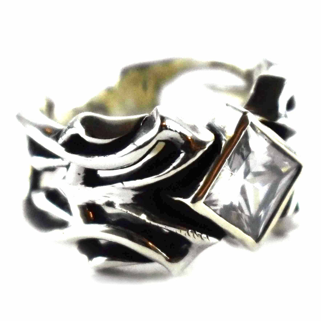 Square white cubic zirconia with oxidize silver ring