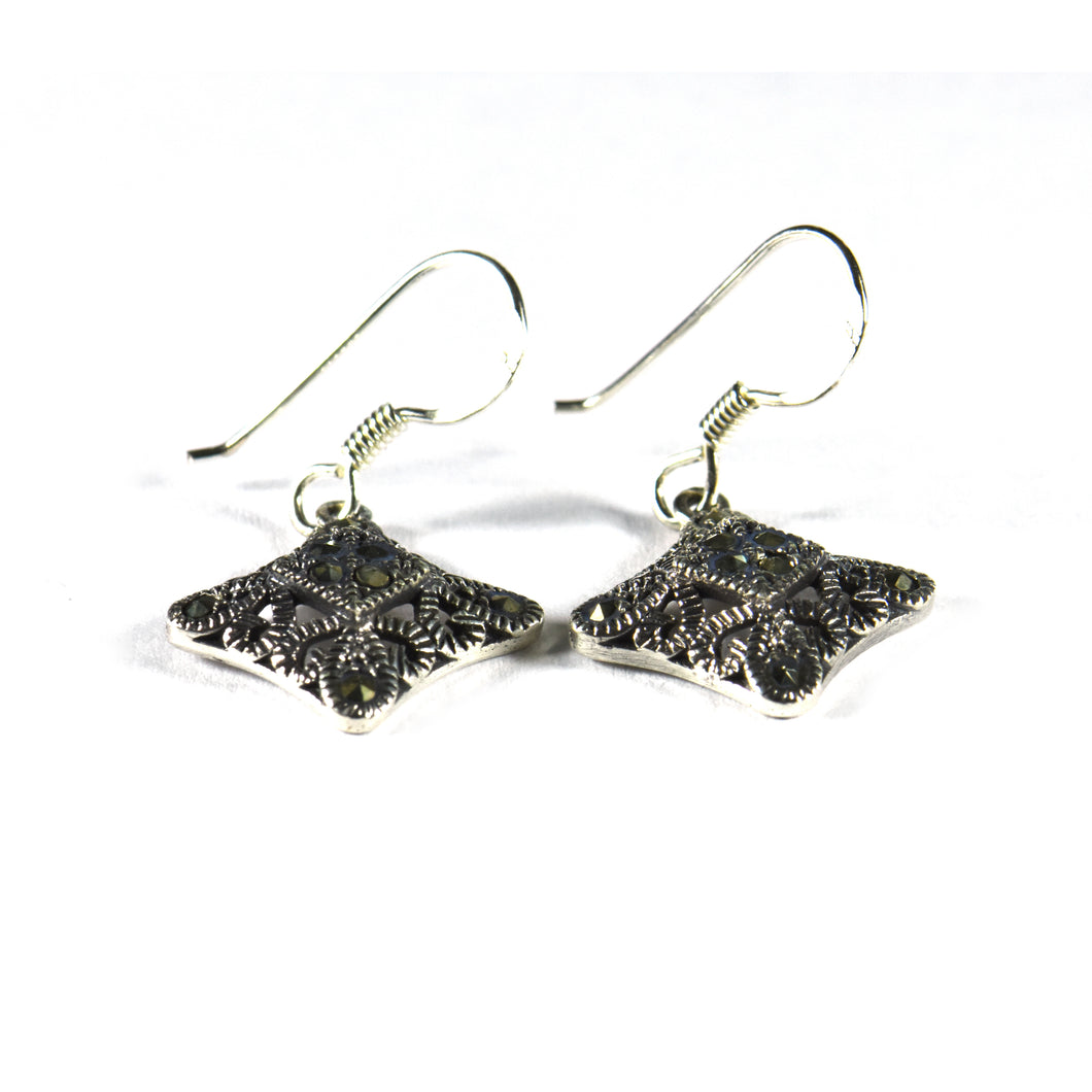 Square silver hoop earring with marcasite
