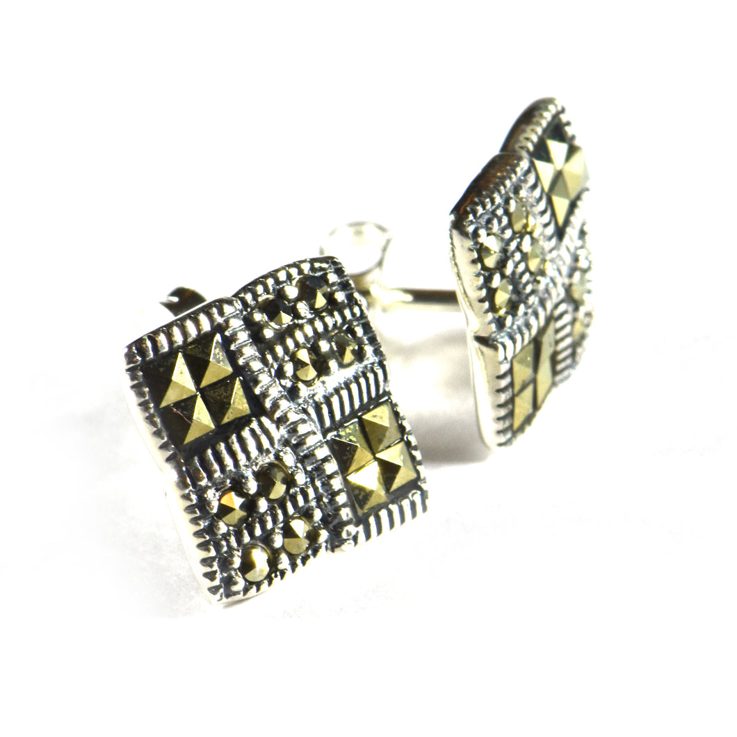 Square silver studs earring with square & circle marcasite