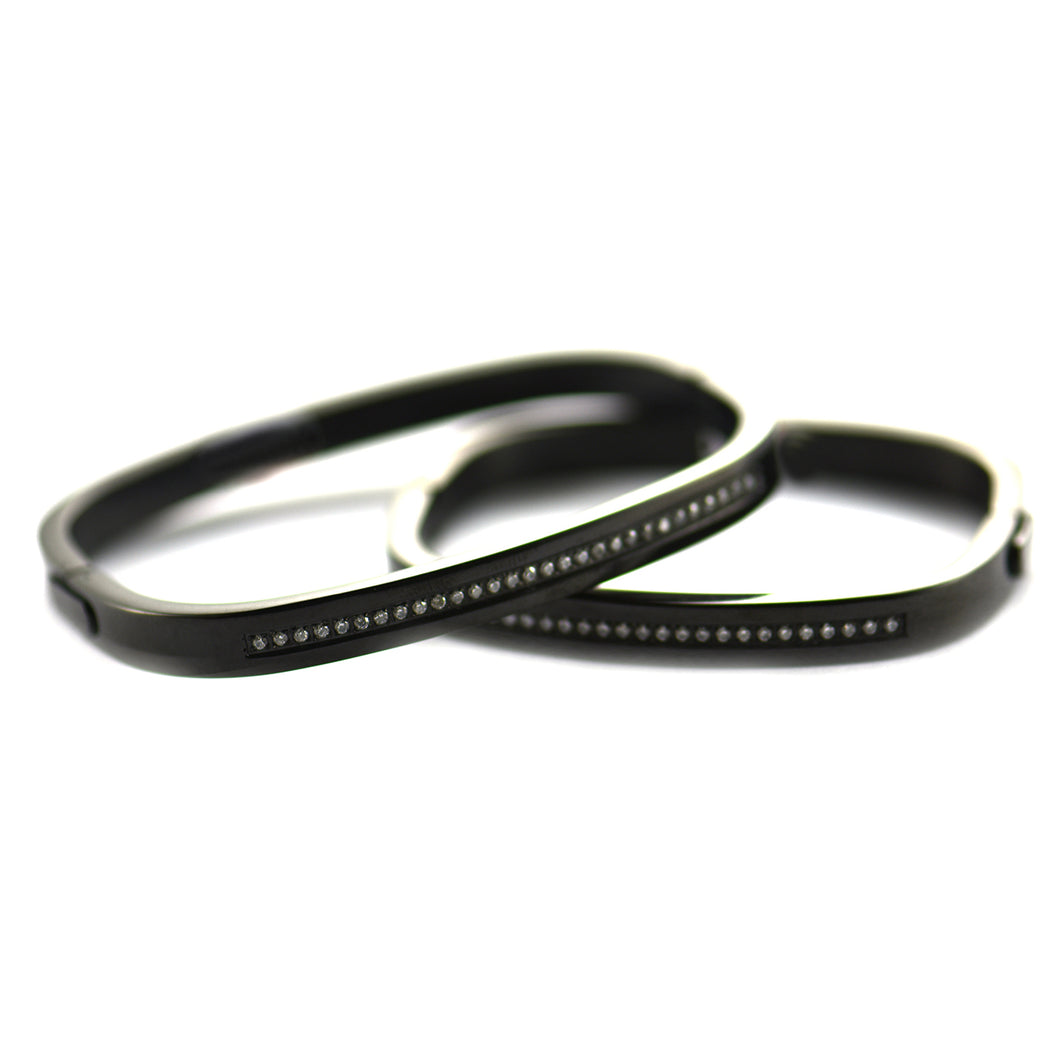 Square stainless steel couple bangle with black plating & CZ