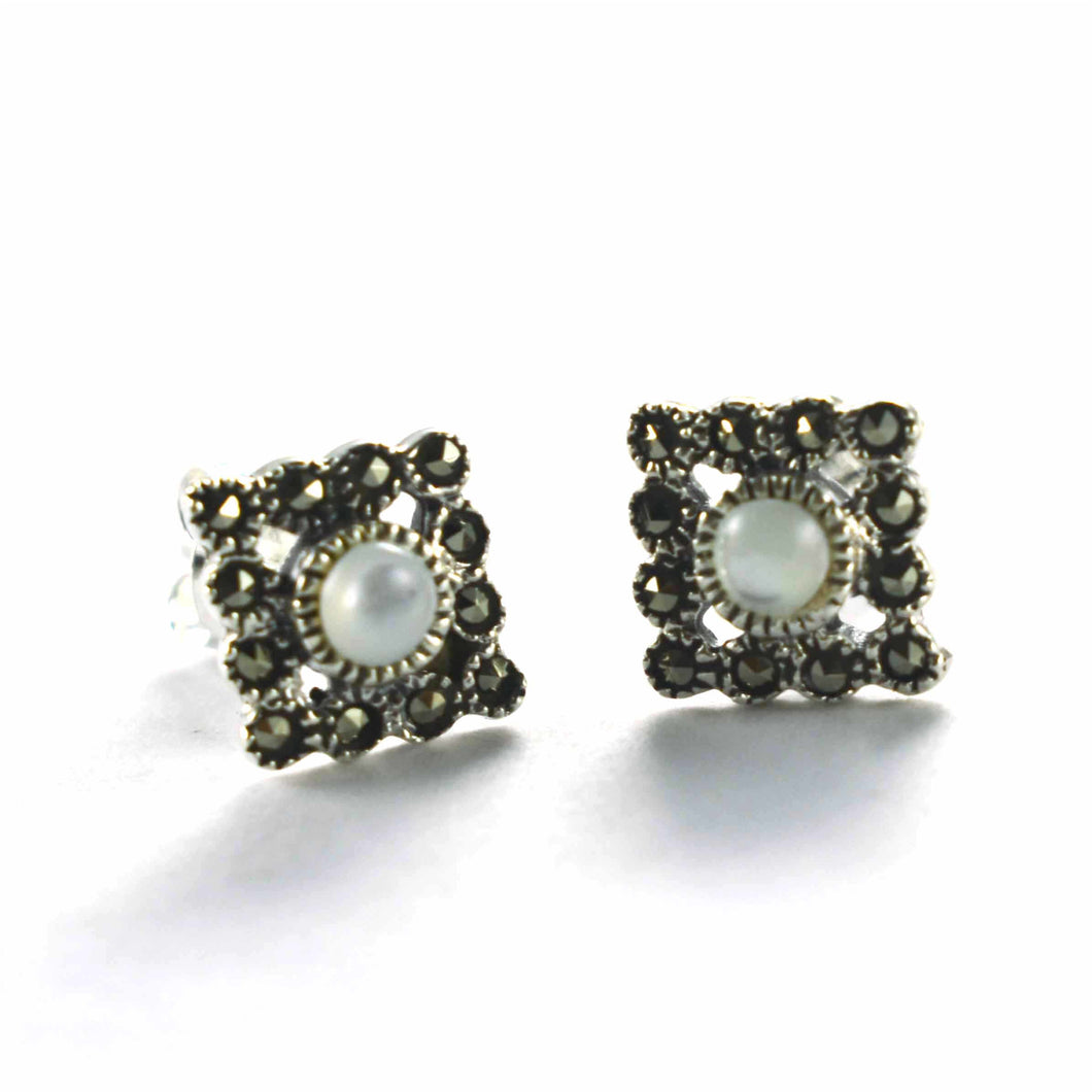 Square studs silver earring with mother of pearl & marcasite
