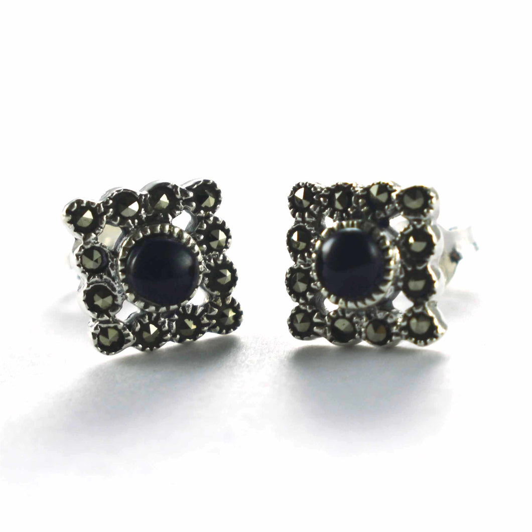 Square studs silver earring with onyx & marcasite