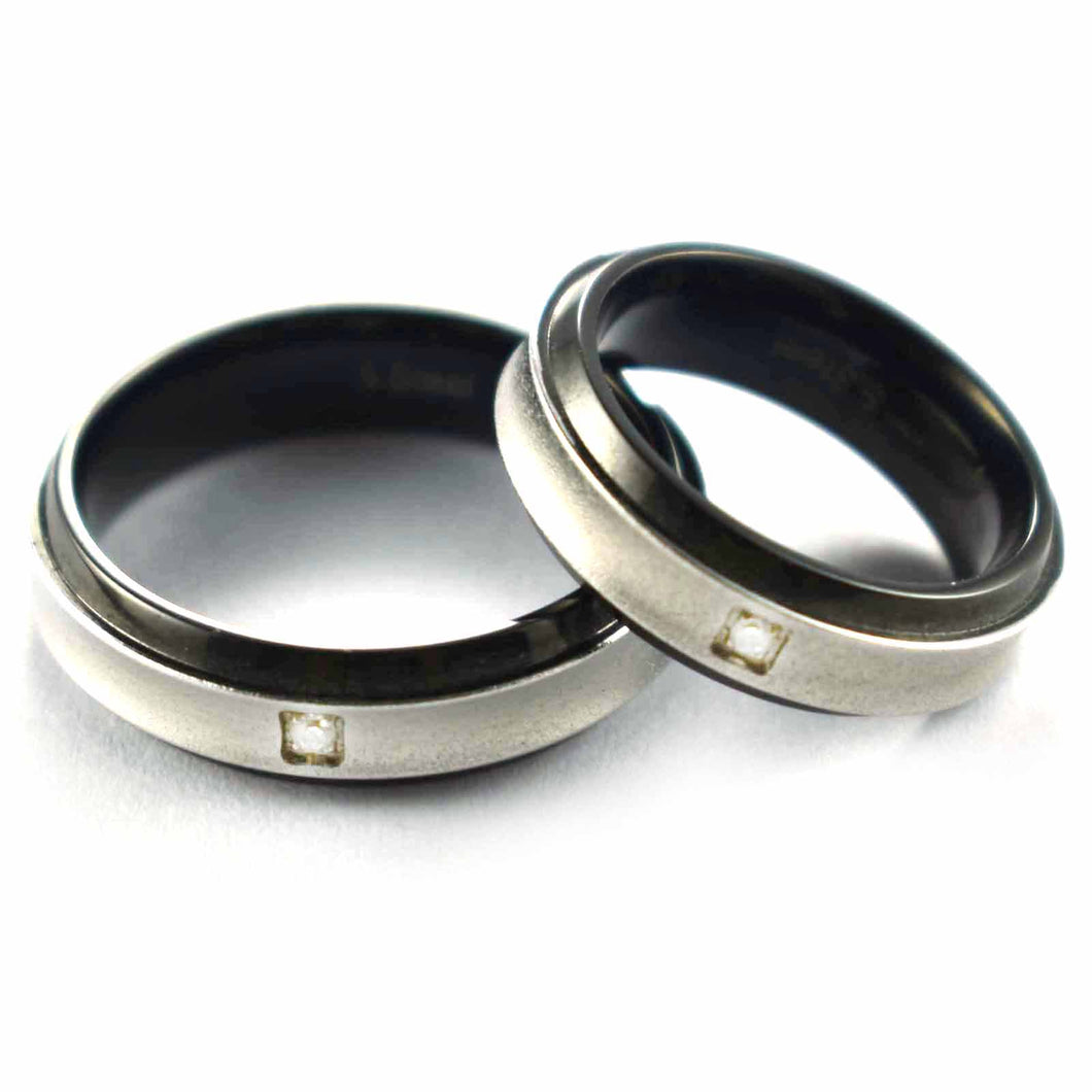 Stainless steel couple ring with black plating and white CZ