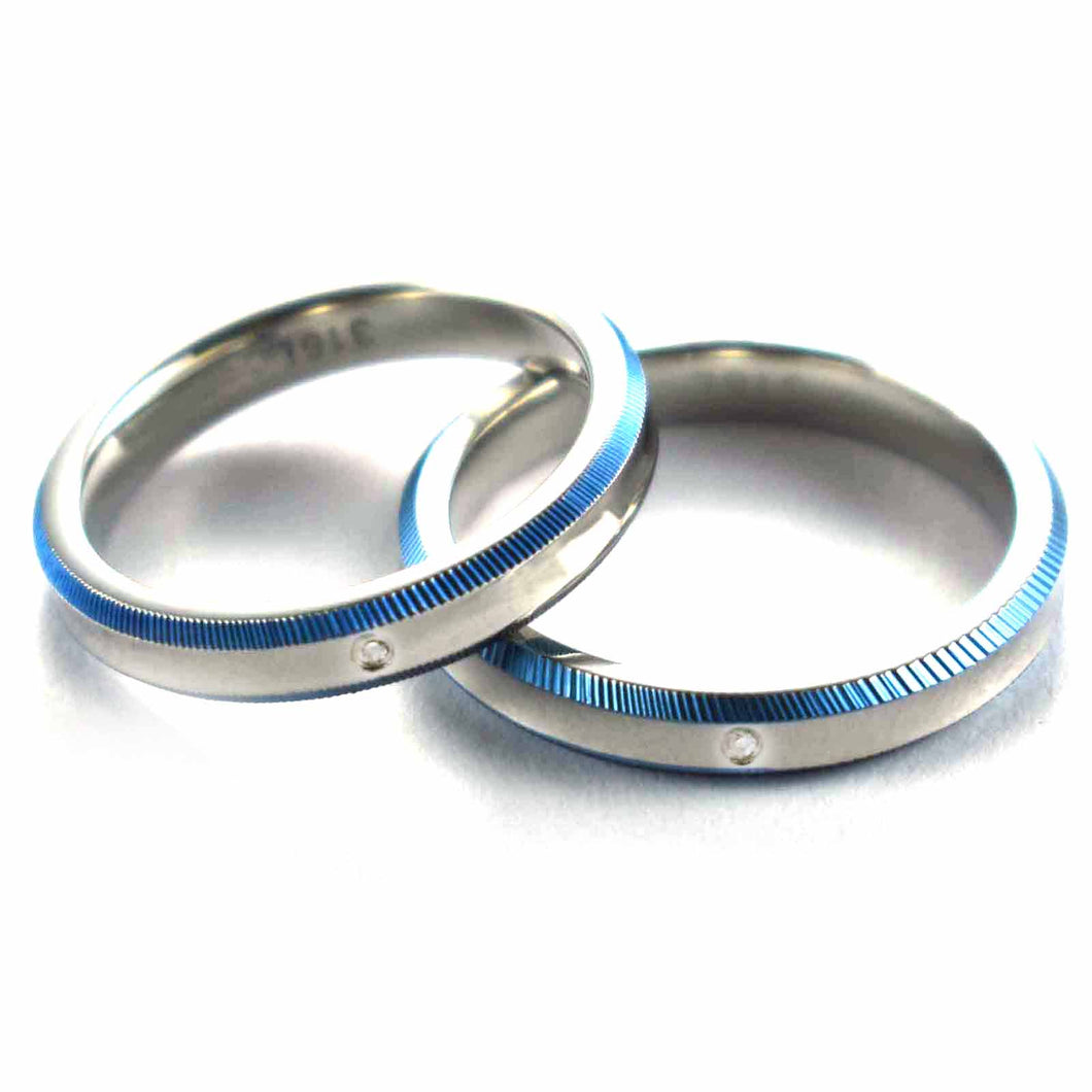 Stainless steel couple ring with blue pattern & CZ