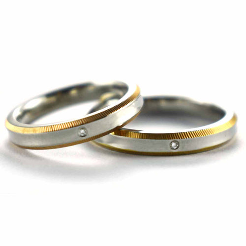 Stainless steel couple ring with gold pattern & CZ