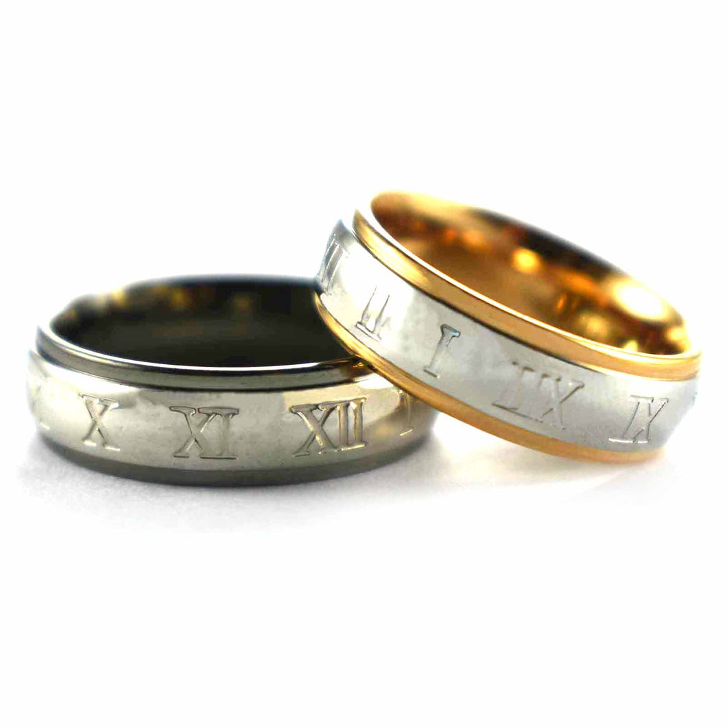 Stainless steel couple ring with roman numeral pattern
