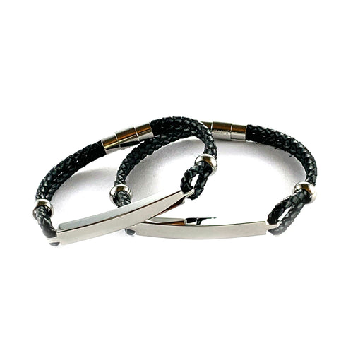 Stainless steel couple bracelet with black leather