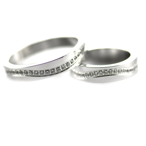 Stainless steel couple ring with wave pattern CZ