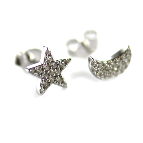 Star & Moon silver studs earring with little CZ