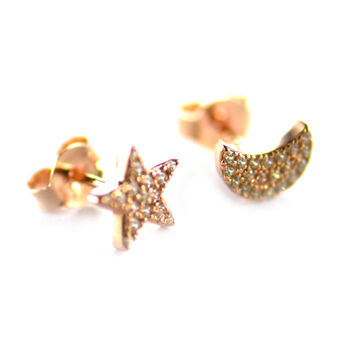 Star & Moon silver studs earring with pink gold plating & CZ