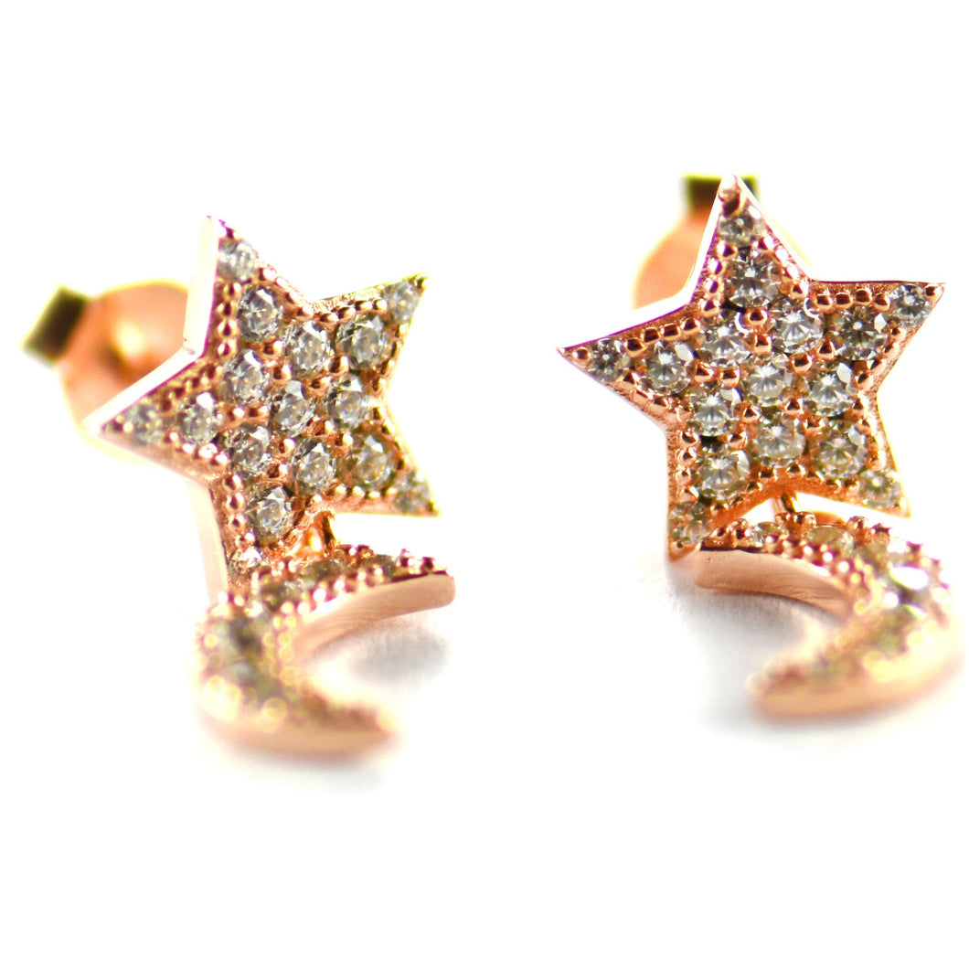 Star with moon silver earring with pink gold plating