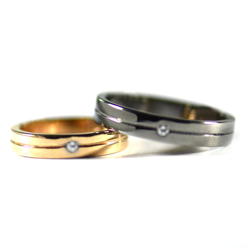 Stone & Line silver couple ring with pink gold & black rhodium plating