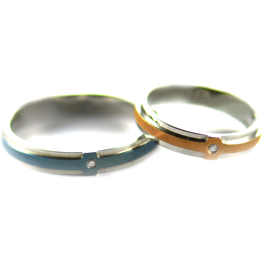 Straight cut stainless steel couple ring with blue & pink gold plating