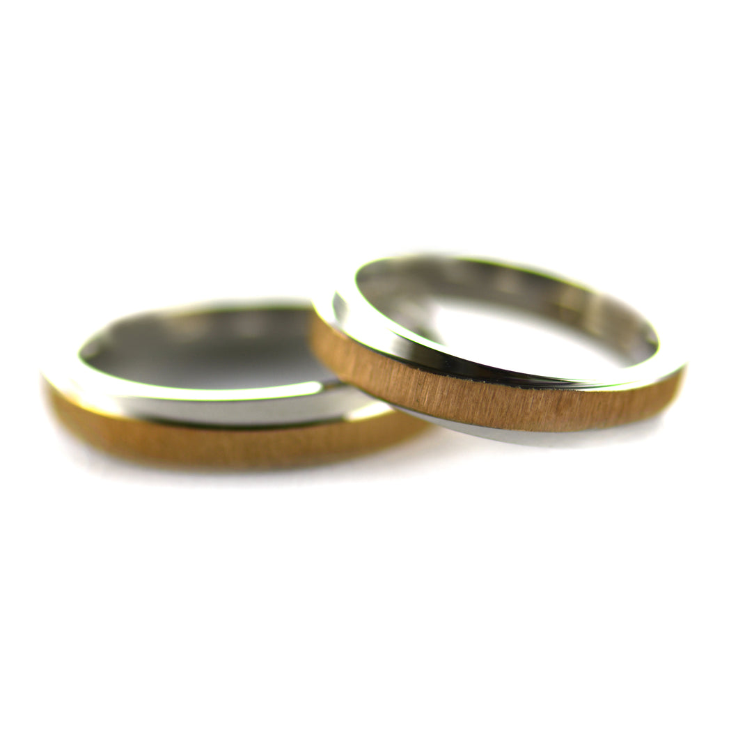 Straight cut stainless steel couple ring with pink gold plating