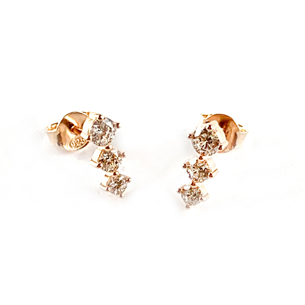 Straight three CZ silver earring with pink gold plating
