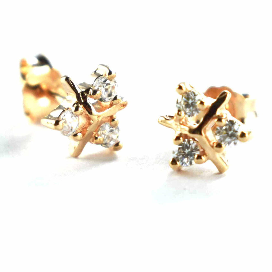 Stud silver earring with 3 small CZ & pink gold plating