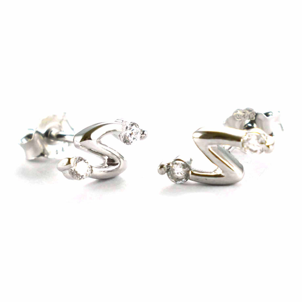 Stud silver earring with S pattern & 2 CZ