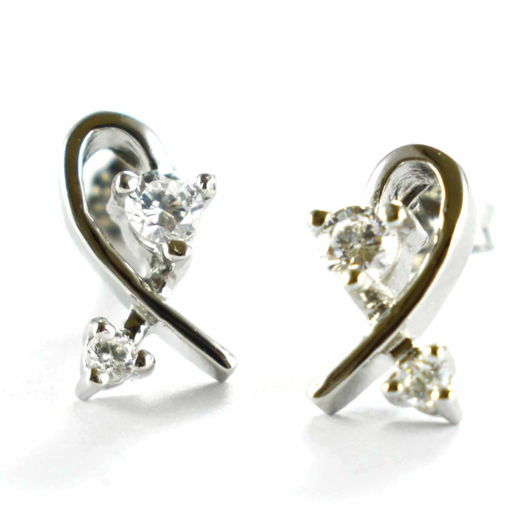 Stud silver earring with big & small CZ & ribbon pattern