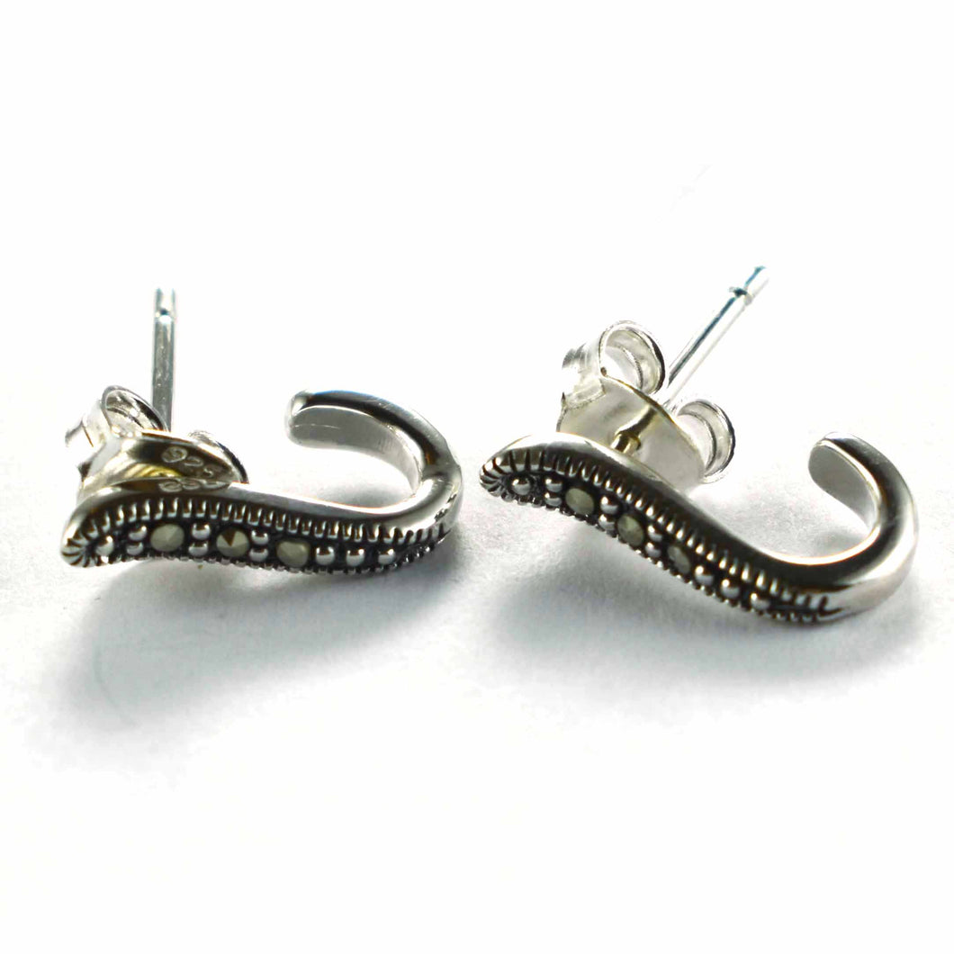 Stud silver earring with hook shape & marcasite