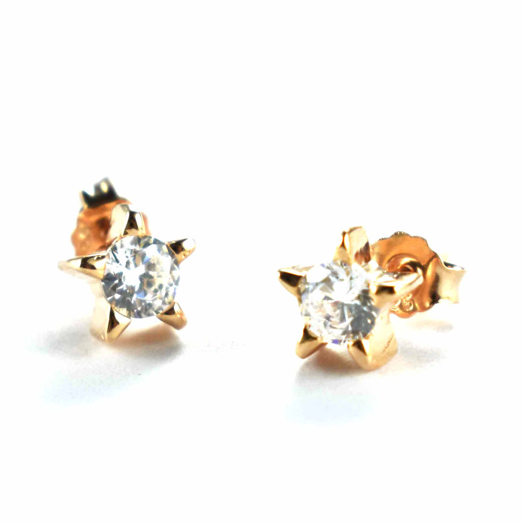 Stud silver earring with star pattern & white CZ & pink gold plating