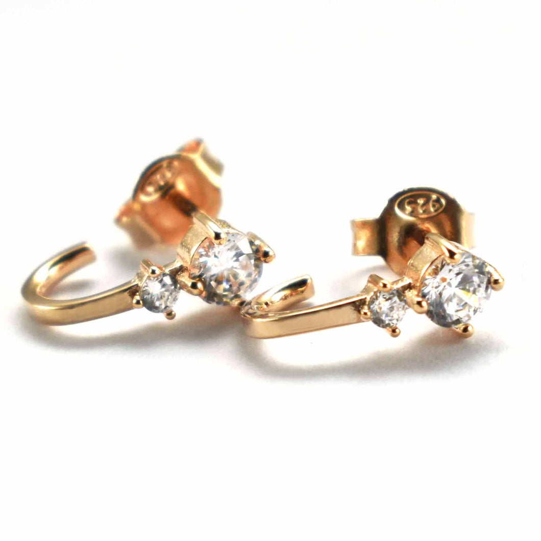 Stud silver earring with two white CZ & pink gold plating