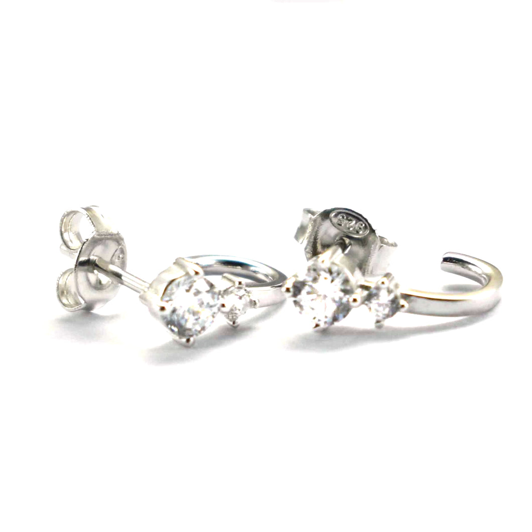 Stud silver earring with two white CZ & platinum plating