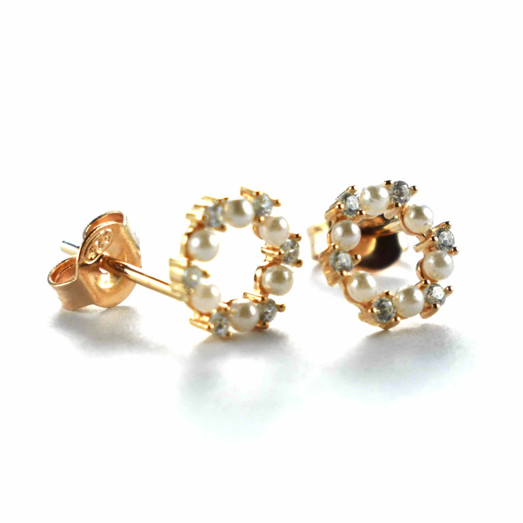 Stud silver earring with white CZ & pearl & pink gold plating