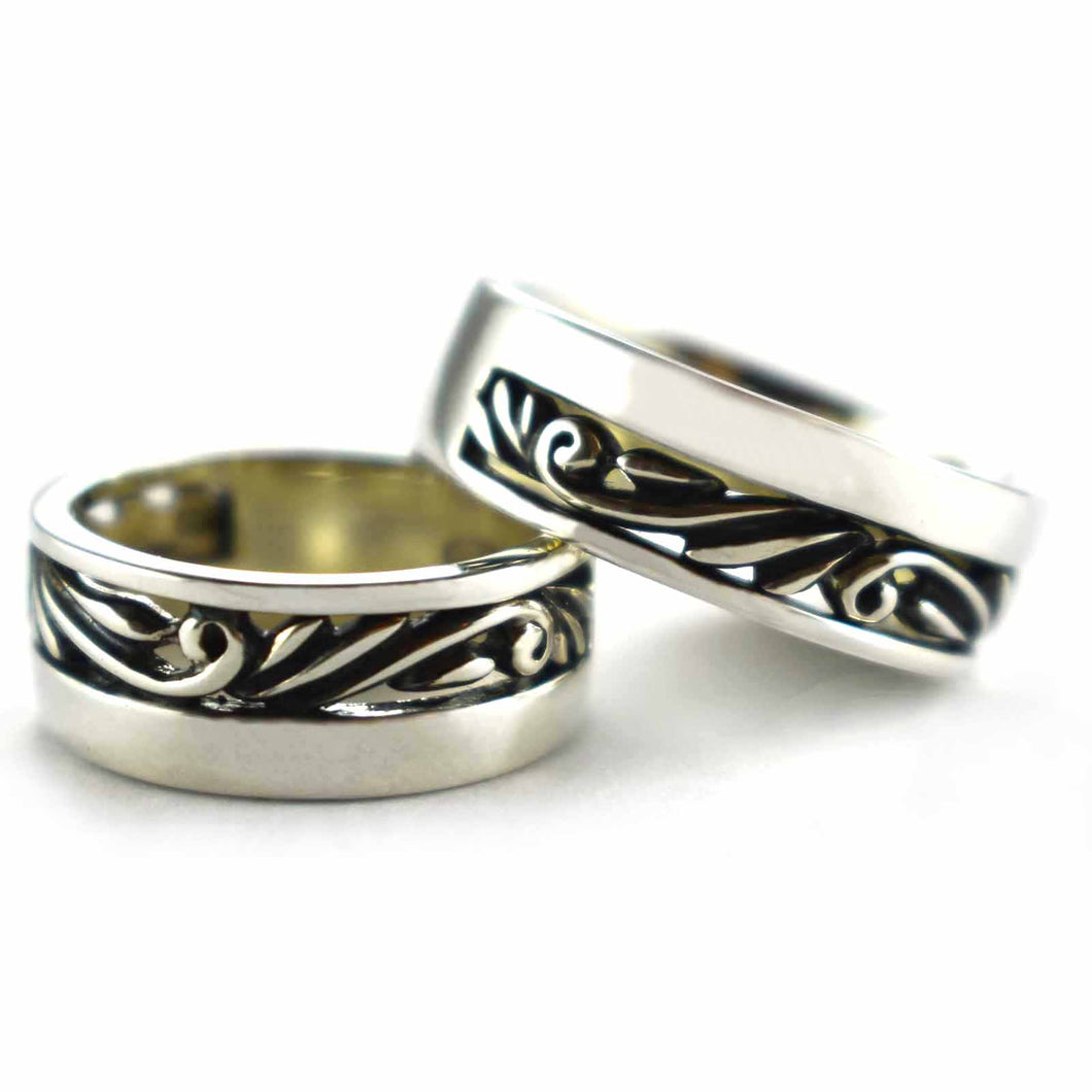 Thorns pattern silver couple ring with oxidized
