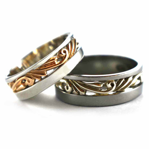 Thorns pattern silver couple ring with pink gold & black rhodium plating