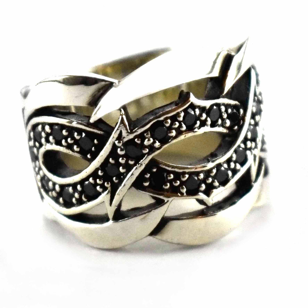 Thorns pattern with small black cubic zirconia silver ring