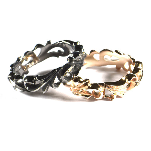 Thorns pattern silver couple ring with pink gold & black rhodium plating