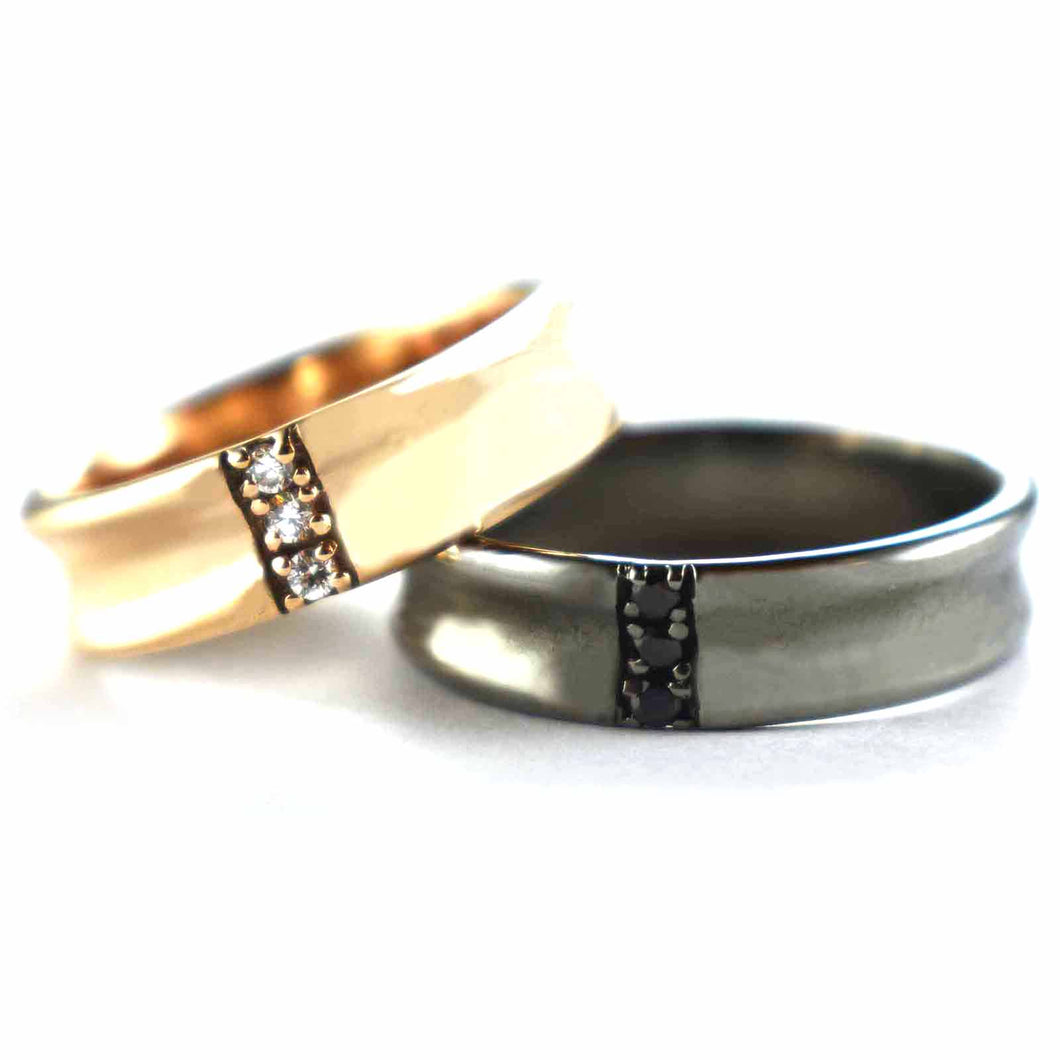 Three CZ couple ring with pink gold & black rhodium plating