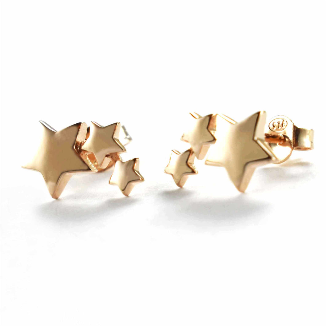 Three stars stud silver earring with pink gold plating