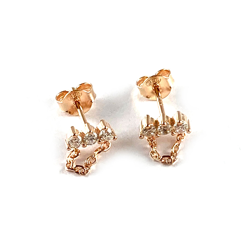 Three stone with chain silver studs earring with pink gold plating