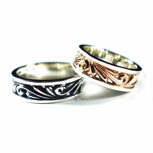 Thorns pattern silver couple ring with oxidizing & pink gold plating