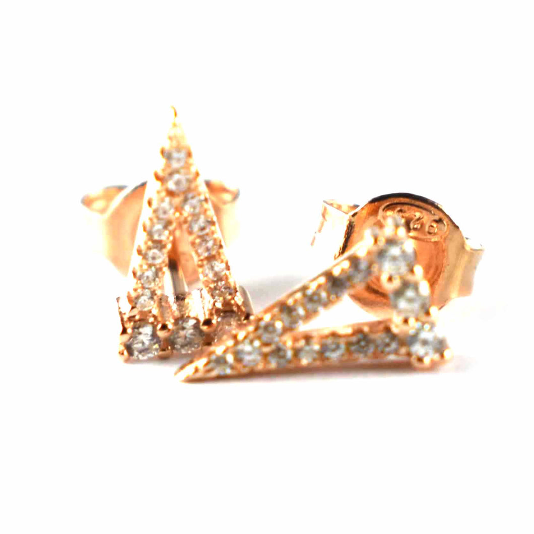 Triangle silver earring with white CZ & pink gold plating
